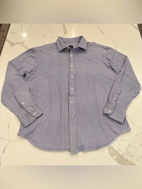 Black Saks Fifth Avenue Purple Plaid Knit Button Down Shirt Men XL Stretch Soft
